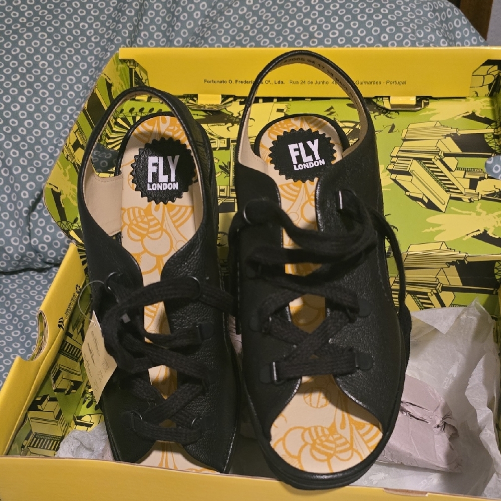 Fly London Black Open-Toe Lace-Up Shoes